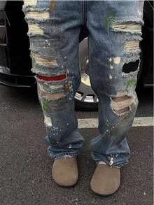 American High Street Mud Dyed Distressed Jeans For Men And Women, Splashed Ink, Lazy And Dragging, Loose Wide Leg Pants - 藍色 - 查看 4