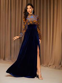 海军蓝色提花领长袖天鹅绒拼布优雅派对晚礼服