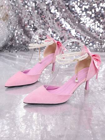 秋冬女士仿珍珠蝴蝶结优雅尖头高跟婚鞋，优雅，派对鞋