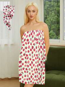 1pc Coral Fleece Strawberry Pattern Tube Top Bathrobe For Women, Soft Absorbent Bath Towel Robe With Hook And Loop Scarf, Towel Robe, Dry Robe, Non-Shedding Sleepwear Bathrobe For Adults & Students, Home Use
