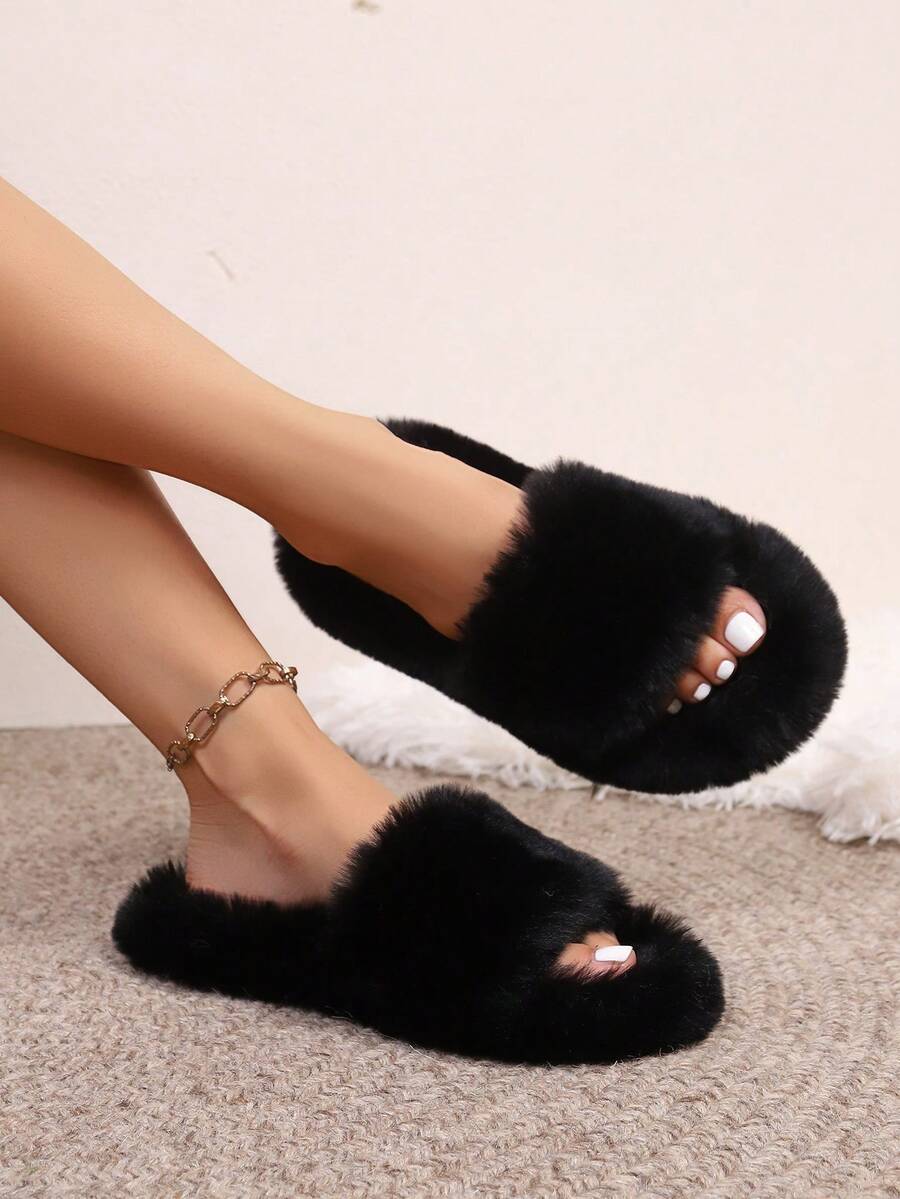 Women's Solid Color Cute Fabric Plush Slippers, Lightweight, Soft & Comfortable, European Size, Flat, Indoor For Autumn/Winter - Black - View 1