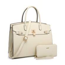 Women's Fashion Handbag And Wallet Set With Adjustable Crossbody Strap Large Shoulder Bag And Small Clutch 2-Piece Combo, Metal Swivel Lock Accessory, Ideal For Shopping, Travel And Business Commute - 奶油 - 查看 6