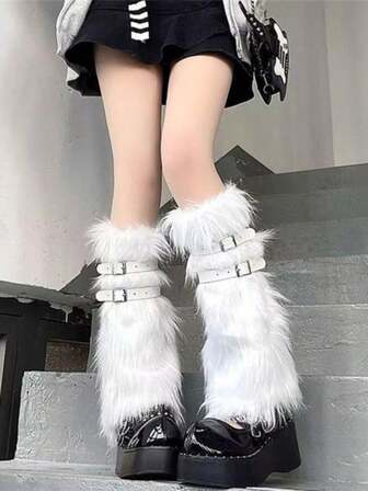 Women Furry Party Costume Sexy Buckle Faux Furs Fuzzy Long Shoes Cuffs Cover Leg Warmers/Boot Sleeves.