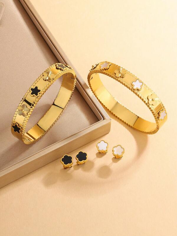 Conjunto de joias femininas elegantes e luxuosas, pulseira e brincos de aço inoxidável com 5 folhas de flores da sorte de alta qualidade, incrustados com formas de flores de acrílico preto e branco, laváveis de alta qualidade, joias de punho, conjunto de joias florais versáteis, adequado para uso diário ou presente para esposa, amiga ou mãe