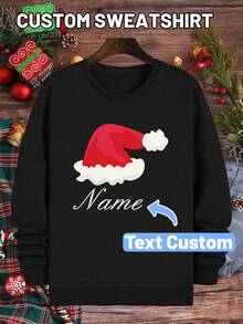 Men Plus Personalized Christmas Hat Customized Text Design Sweatshirt, Great Christmas Gift For Friends And Family, Long Sleeve Top - Black - View 2