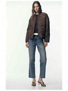 Abrigo casual acolchado de cuello redondo con ajuste holgado, con bordado floral vintage, versátil y de moda, para otoño/invierno