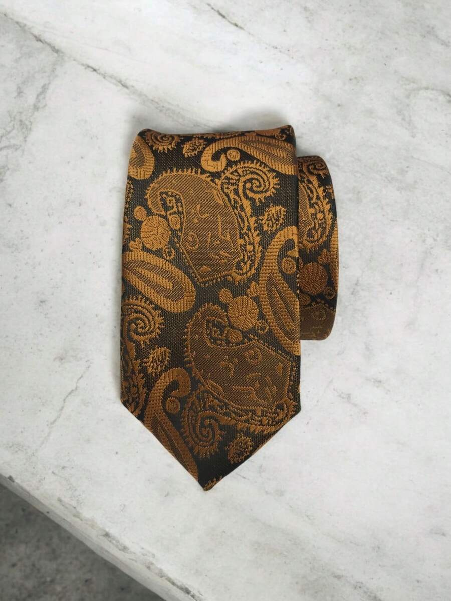 Luxury Men's Skinny Ties Polyester Silk Solid Polka Dot Striped Check Skinny Jacquard Groomsman Tie - 咖啡棕 - 查看 1