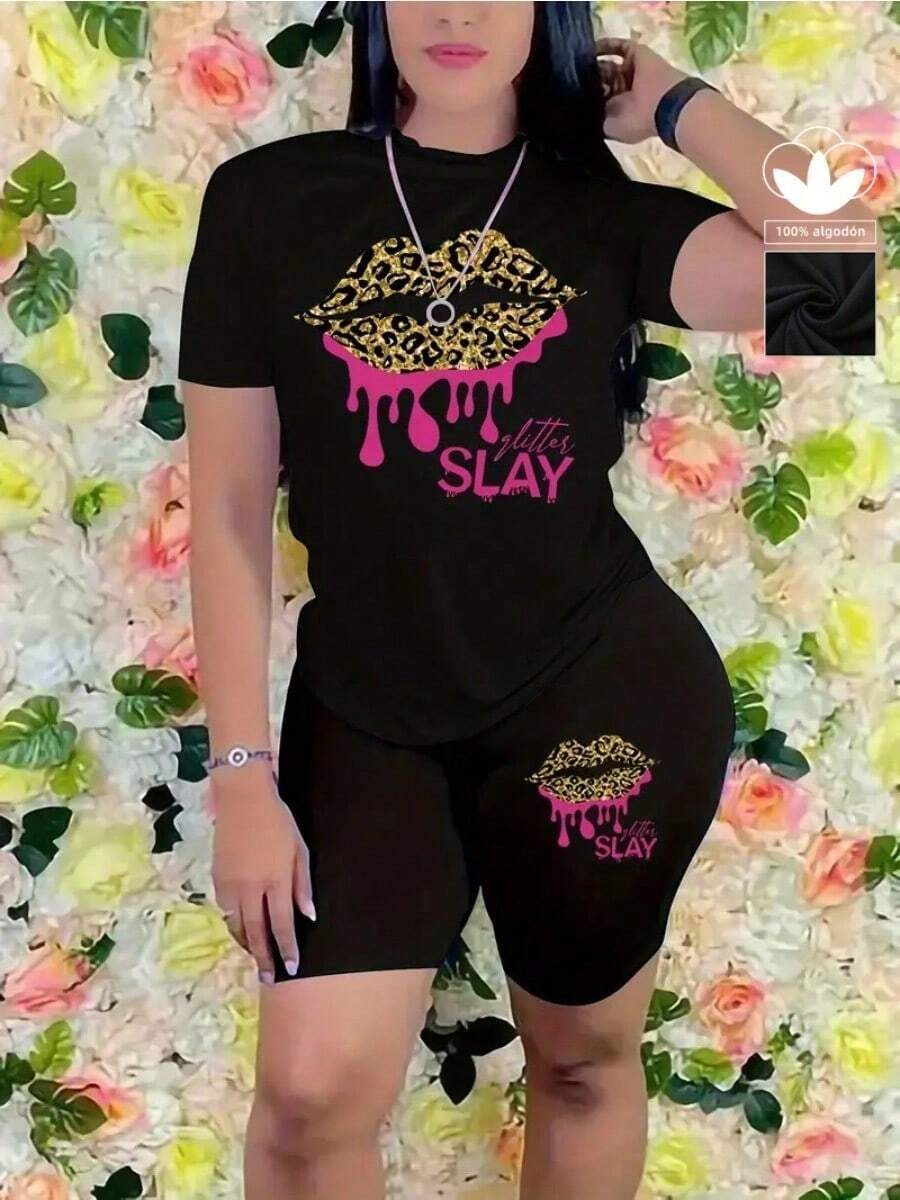 Camiseta casual negra de mujer de talla grande, 100% algodón, estampado de letras, camiseta casual y cómoda de manga corta con cuello redondo, ropa de primavera y verano, adecuada para cualquier ocasión, color sólido, casual, uso diario.