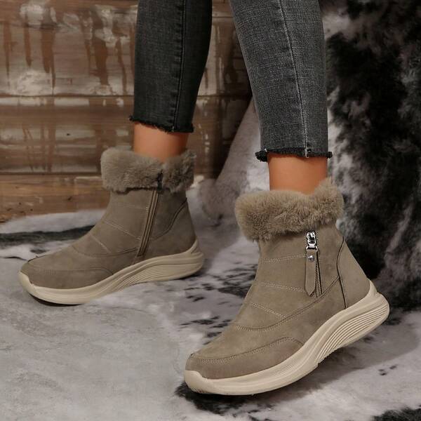 Bottes de neige confortables avec bordure en fourrure pour femmes, bout rond, fermeture éclair, bottes de cheville d'hiver décontractées pour sports de plein air, nouvelle doublure thermique épaisse, tige courte, noir