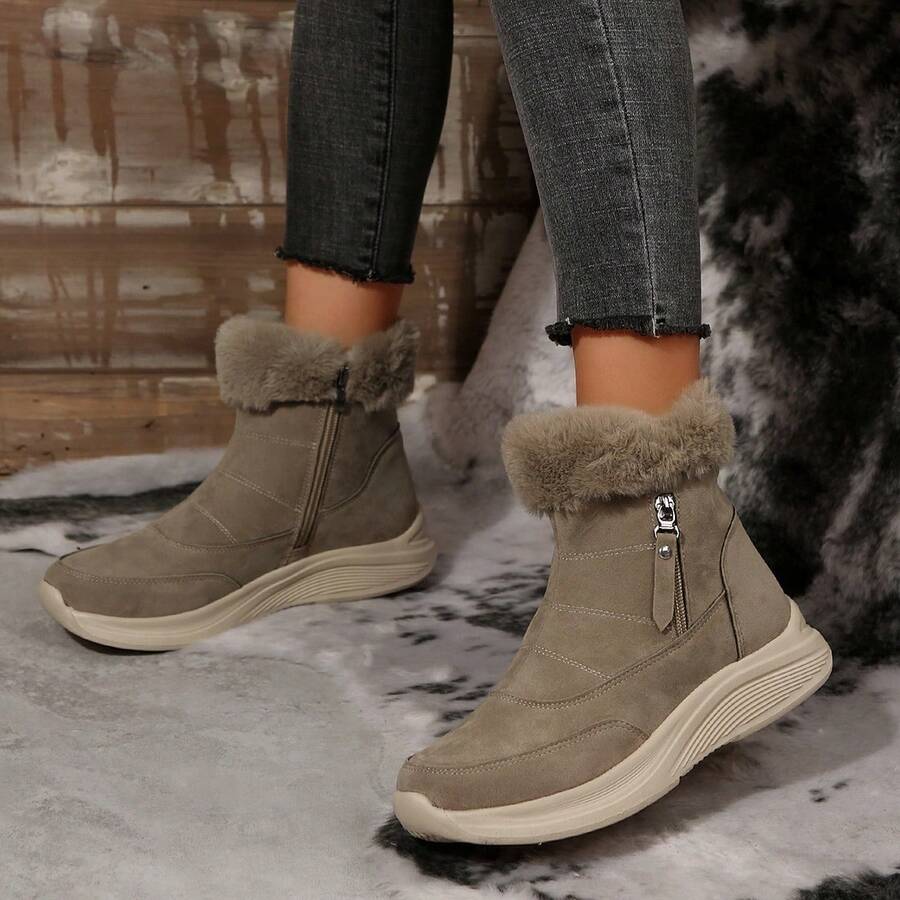 Bottes de neige confortables avec bordure en fourrure pour femmes, bout rond, fermeture éclair, bottes de cheville d'hiver décontractées pour sports de plein air, nouvelle doublure thermique épaisse, tige courte, noir - Kaki - Voir 1