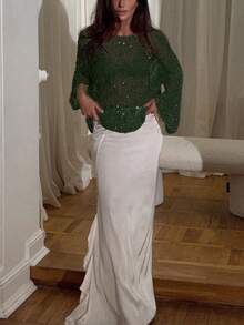 Yuwenier Sexy Hollow Out Sheer Sequin Embellished Crochet Cover-Up Batwing Long Sleeve Loose Fit Tops Rave Party - Army Green - View 5
