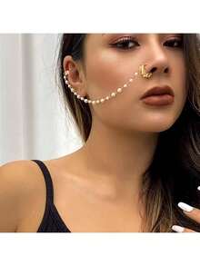 1pc Faux Pearl Decor Ear Cuff With Nose Cuff - Gold - View 5