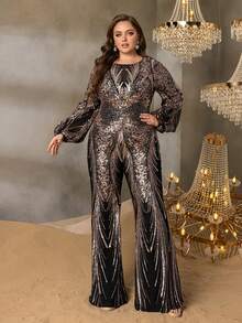 Faeriesty Curve Plus Metallic Sequin Feather-Patterned Long-Sleeved Flared Cuff Wide-Leg Jumpsuit With Flowing Drape – Luxurious Vintage Formal Design | Perfect For Galas, Weddings, Parties, And Formal Celebrations