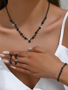 4 Stücke/Set Modeschmuckset, inklusive schwarze Halskette, Ohrringe, Armband, für den täglichen Gebrauch von Frauen als Geburtstagsgeschenk für ihre beste Freundin