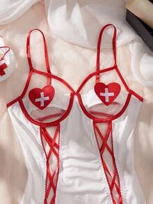 2 Pieces Women's Nurse Cosplay,Nurse Headwear,Sheer&Backless,Lace Up,Side Slit,Babydolls,Sexy Nightgown,Sexy Lingerie Set