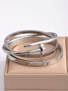 3pcs 18K Gold Plated Stainless Steel Four-Leaf & Three-Leaf Clover Bangle Bracelets, Suitable For Women's Party, Daily Wear, European & American Style, Personalized, Generous, Luxury Cubic Zirconia Wristband, Wedding Jewelry Set, Gift For Girls, Women, Relatives, Friends, Beautiful Wedding, Birthday, Valentine's Day, Mother's Day - Silver 2 - View 13