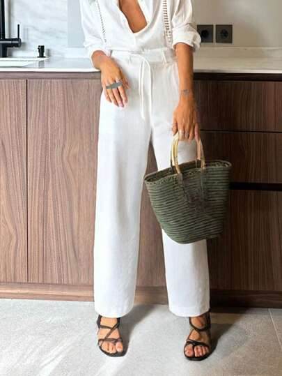 Ladies' White Summer Vacation Casual Straight-Cut Pants, Featuring Elastic Waistband And Lace-Up Design, Are Versatile And Fashionable For Travel