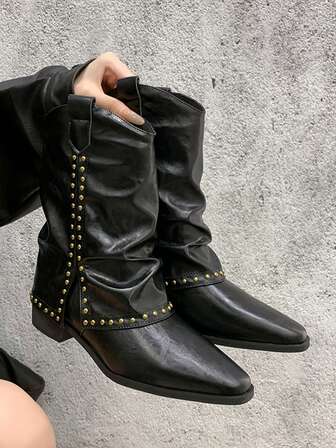 Vintage Pointed Toe Chunky Heel Boots, Western Style Rivet Black Boots For Outdoor Wear, Ankle Boots & Booties, Slouchy Boots, Fall, Autumn/Winter