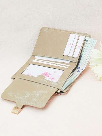 女士短款撞色拼布钱包，时尚豹纹和树纹多功能卡包，优雅按扣闭合年轻学生大容量拉链零钱包，轻巧时尚，携带方便，适合节日礼物