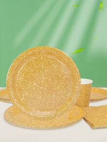 10 piezas, 20 piezas/50 piezas/80 piezas Suministros de fiesta con purpurina dorada, platos, vasos, servilletas de papel dorados, decoraciones de fiesta, juego de vajilla para fiestas con temática dorada, suministros para cumpleaños felices, hombres, mujeres, aniversario, compromiso, boda, favores de fiesta, Navidad, Año Nuevo, decoración de jubilación - Multicolor - Ver 5