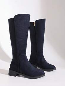 Women's Nude Suede Knee-High Riding Boots For Autumn/Winter, Thermal Lining For Warmth, Side Zipper Design For Easy On/Off, Slim Shaft For Elegant Height, Chunky Heel For Comfort, Classic Plain Style Suitable For Multiple Occasions,Party - Royal Blue - View 7