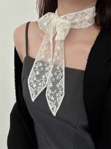 1 件柔软优雅蕾丝围巾，时尚植物刺绣围巾，女士办公室女士手链发带围巾颈饰 - 白色 - 查看 3