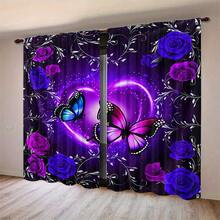 2 Pieces Set Fantasy Purple Butterfly Print Curtain Semi-Blackout Decor Window Treatment Living Room Bedroom Office Home Drapes, Polyester Floral & Butterfly Print Anti-UV And Insulation, Room Decor - Purple - View 2
