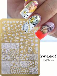 1件秋叶美甲印花板，Y2K枫叶鹿图案钢制美甲印花模板DIY美甲工具，优雅美甲沙龙，美甲用品 - 金色 - 查看 3