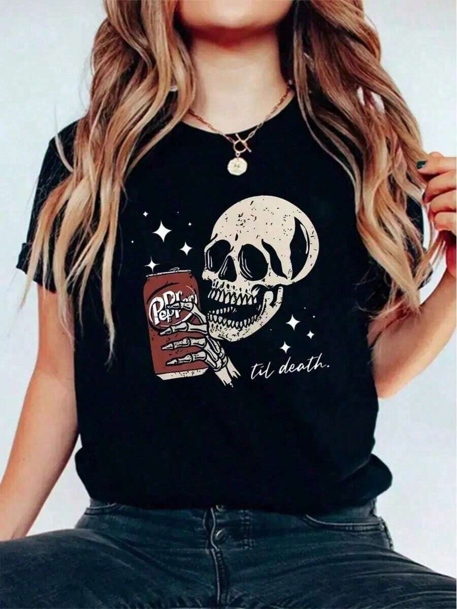 Till Death Dr. Pepper Skeleton Halloween Tee Print T-Shirt, Short Sleeve Crew Neck Casual Top For Summer & Spring, Women's ClothingTee Summer Tops - 黑色 - 查看 1