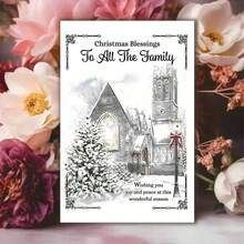 1pc Festive Christmas Greeting Card For All Family Members - Paper Card With Envelope, Religious Church Scene, Seasonal Wishes, Joy And Peace, Holiday Greetings, Suitable For Anyone,