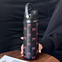 HILAKE 1 pezzo Bottiglia d'acqua isolata da 800ml/1000ml con motivo a fiocco - Stoviglie durevoli e riutilizzabili ideali per l'idratazione estiva, borraccia estetica vintage Y2K per bevande calde e fredde - Perfetta per avventure all'aperto, picnic, sport, campeggio e uso in ufficio