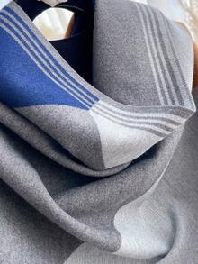 1pc Women Reversible Faux Cashmere Colorblock Pattern Scarf, Fashion Versatile Air-Conditioned Room Blanket Shawl, Thick Warm Accessory Suitable For Daily Use, Autumn/Winter For Dress - Blue - View 4