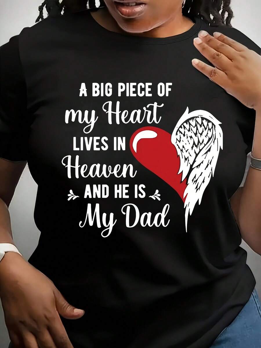 Women's New Casual Round Neck Letter Element Dad's Girl Angel Heart Print Pullover T-Shirt - Black - View 1