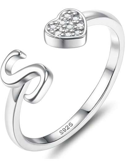 Milacolato 925 Sterling Silver Rings For Women Girls Adjustable Heart Initial Ring Stackable Thumb Ring Eternity Wedding Promise Engagement Rings A-Z Letter Rings Jewellery Gifts With Gift Box