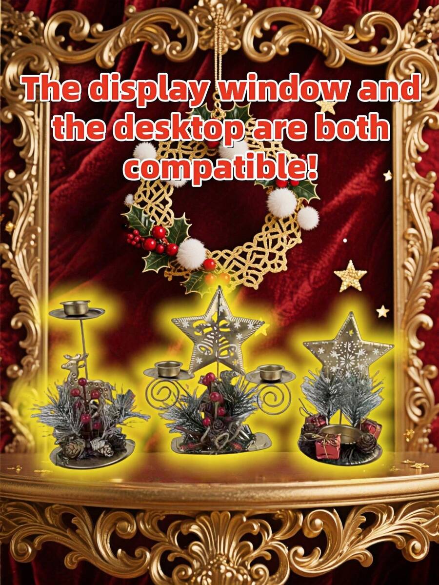 Weihnachts-Neuheit Goldener Metall Hirsch, Schneeflocke, Stern Kerzenhalter, Glas Wand & Gewichteter Fuß, Einzel-/Doppel-Kerzenhalter für Fenster-Display & Tisch-Dekoration