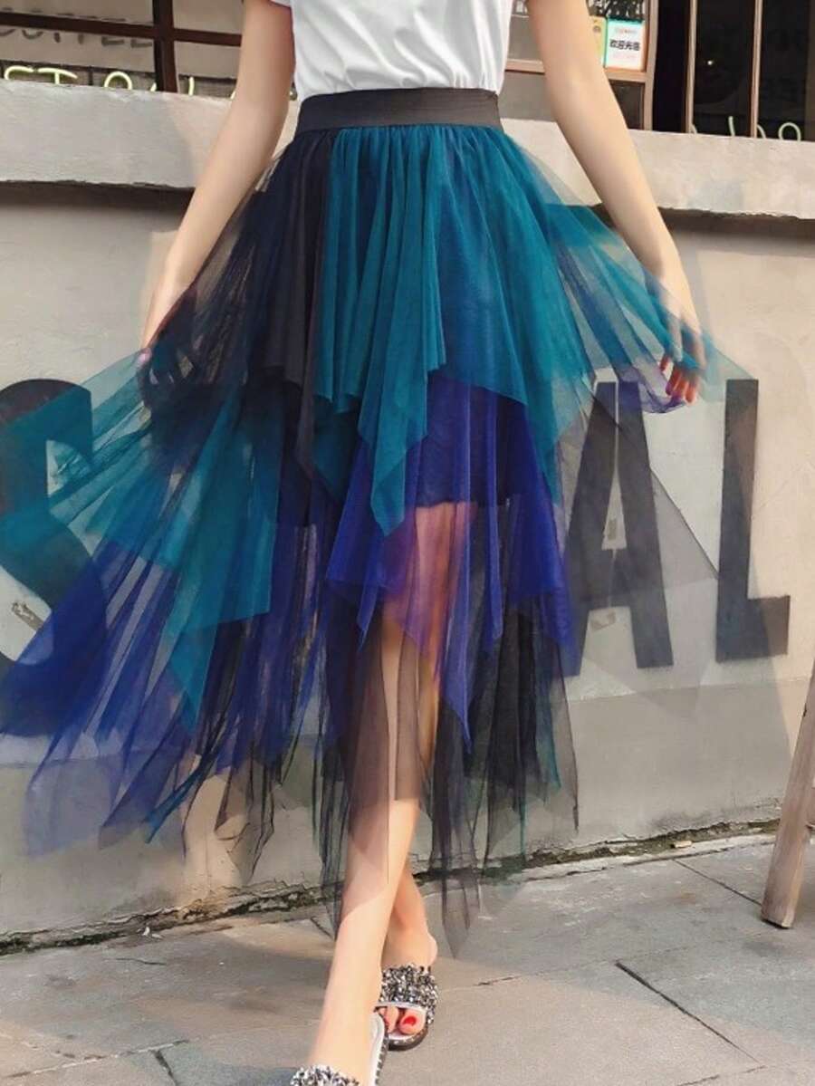 Ombre Asymmetrical Mesh Tulle Skirt, New Spring/Summer Midi Puff Skirt, Fairy Style Pleated Skirt - Black, Green, and Navy Blue - View 1