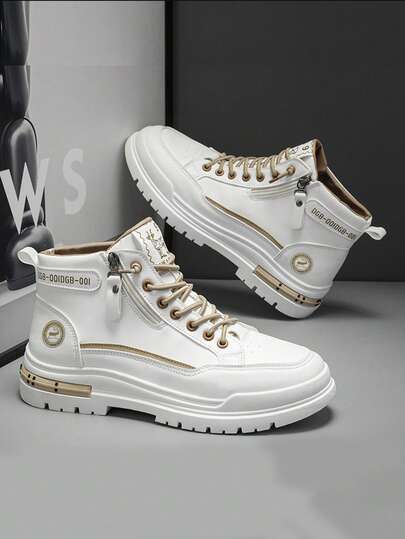 Men's High-Top White Deer Pattern Waterproof Boots, Vintage Industrial Style High-Top Casual Boots, Thick Sole Chelsea Boots, Motorcycle Boots