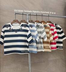 Camiseta listrata Algodão importado femininas modas DXY8335  Listrado  Bloco de cores    Férias  Casa