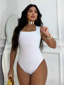 3-Piece Basic Bodysuit, Square Neckline, Wide Straps, Versatile Shapewear, Casual, Suplex, Fashion, Gringa Blogger - 白色-粉紅色-藍色 - 查看 2