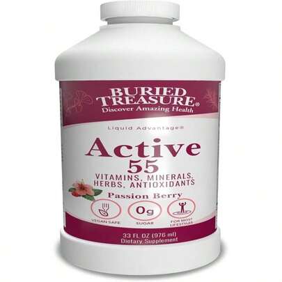 Tesoro enterrado Activo 55 Plus - 32 porciones, Multivitamínico líquido para personas mayores, Vegano, Sin azúcar, Apoyo inmunológico natural, Mezcla de vitaminas y superalimentos
