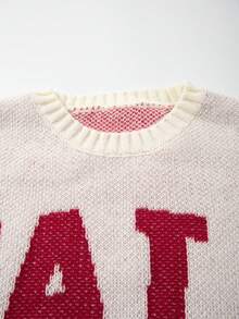 做旧破洞流苏下摆休闲宽松男女通用针织衫，饰有英文字母和星星印花，圆领，落肩，长袖，秋冬街头风。 - 杏色 - 查看 7