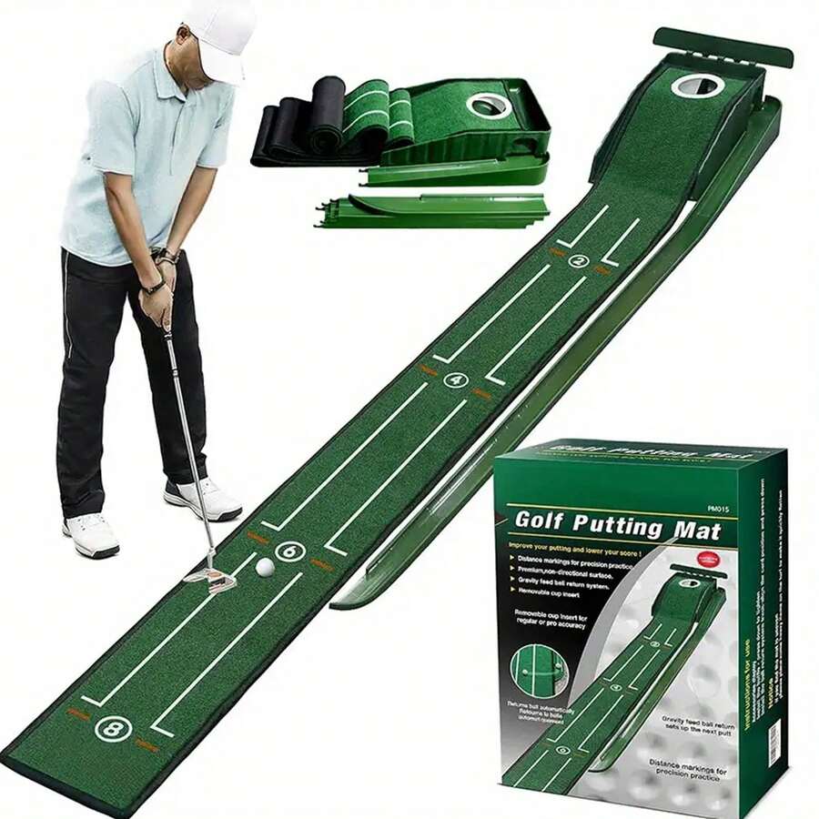 8ft Portable Golf Putting Mat – Indoor/Outdoor Putting Green With Alignment Guides | Realistic Turf & Ball Return For Home/Office | Durable ABS Fabric, Ideal Gift For Golfers, Ideal For Home Or Office And Golfers - Green - View 1