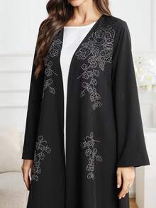Women's Elegant Solid Black Long Sleeve Cardigan Abaya With Rhinestone Pattern, Versatile For Daily Wear - Black - View 6