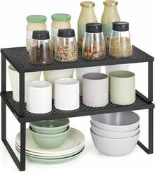 SONGMICS Especiero, Estante para Especias, Organizador para Armarios, Apilable, Ampliable, Juego de 2 Estantes Metálicos, Plata MKCS401G01 - Tinta negra - Ver 9