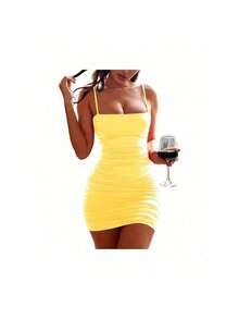 Pleated Strappy Dress, Party Look, Gringa Style, Nightclub - 黃色 - 查看 2