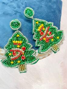 1 Pair Of Vintage Handmade Beaded And Rhinestone Christmas Tree Earrings For Women, Perfect For The Holidays
