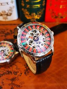 AOKULASIC 1pc Luxury Mechanial Watch For Men Fashion Rotating Design Luminous Hands Leather Strap Business Casual Automatic Men Watches - Silver - View 3
