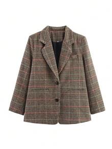 Nuovo blazer casual/business in stile tartan oversize da donna per autunno/inverno, blazer in lana spessa a quadri da donna - Multicolore - Visualizzare 4