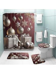1 pieza/4 piezas Caja de regalo con bola de adorno de Navidad de lujo con tema plateado, decoración del hogar y del baño para Año Nuevo, cortina de ducha con 12 ganchos, alfombra de baño, alfombrilla en forma de U para el inodoro, tapa del inodoro, partición de baño, accesorios de baño, decoración de baño