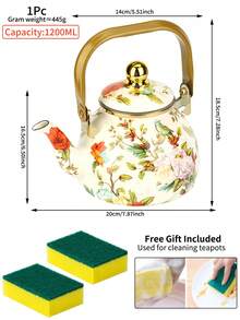 1.2L Large Capacity Enamel Coffee Pot, European Classic Bird & Flower Pear-Shaped Kettle, Thick Flat Bottom Design, (2 Cleaning Sponges Included), Suitable For Gas & Electric Stove, Coffee & Tea Brewing, Ideal For Outdoor Picnics, Family Gatherings, Holiday Parties, All Seasons